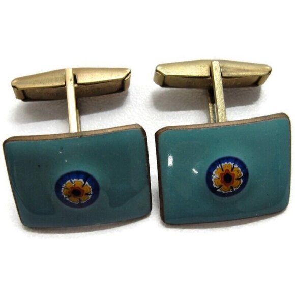 Blue Mosaic Enamel Copper Cufflinks Rectangle Shirt Accessories Wedding Vintage - Picture 3 of 14